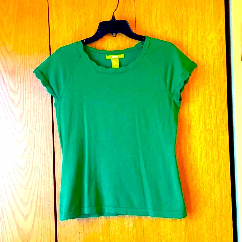 Acorn SMALL green silk rayon thin knit short sleeve scalloped crew neck sweater